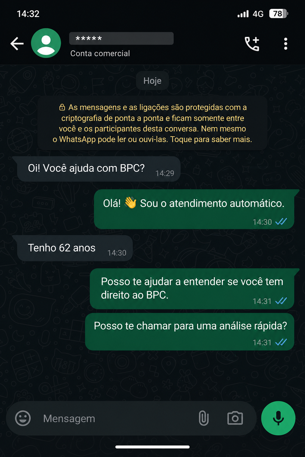 Conversa automatizada de WhatsApp com nome ocultado